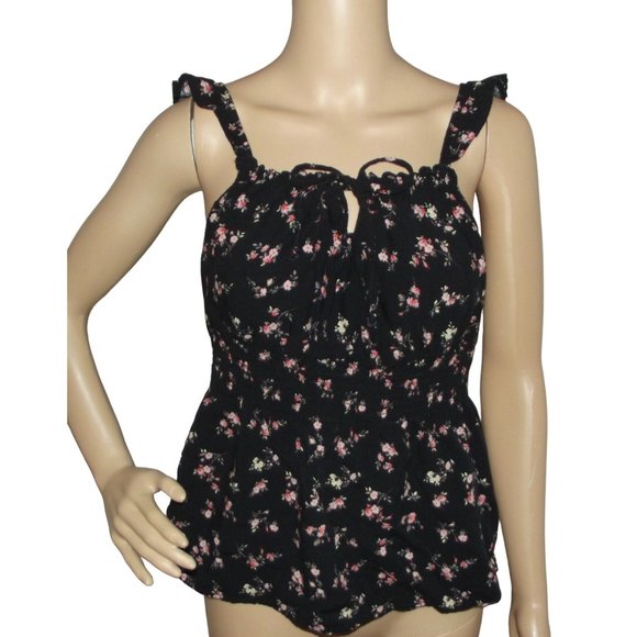 No Boundaries Tank Top Juniors Small(3-5)Black Pink Floral Smocked Waist Peasant - Picture 1 of 12